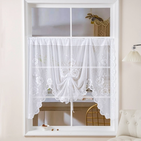Cortinas de Café de Encaje Blanco Bordado Floral Borde Festoneado Cortina Corta Para Ventana de Cocina Semi-Opaco Poliéster Decorativo