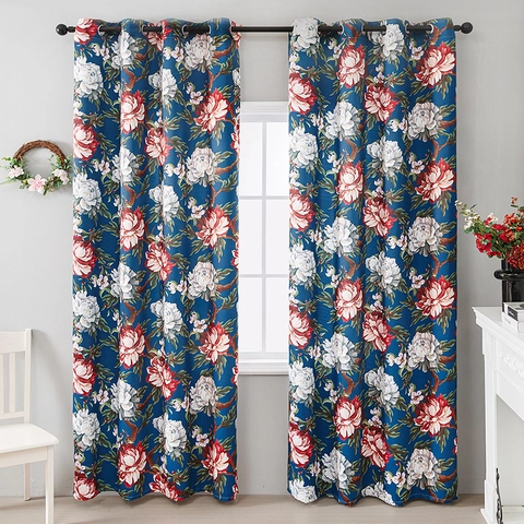 American Luxury Vintage Floral Printed Curtains Polyester Peony Pattern Blackout Drapes With Metal Grommets For Living Room Bedroom