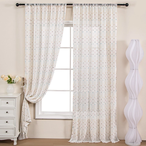 White Sheer Curtain With Colorful Pom Poms Rod Pocket Semi Transparent Window Treatments For Living Room Bedroom Home Decor