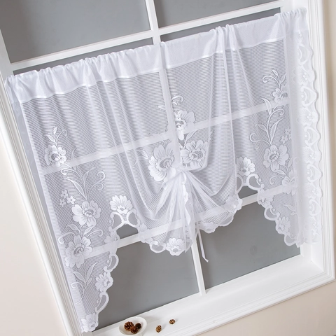 Cortinas de Café de Encaje Blanco Bordado Floral Borde Festoneado Cortina Corta Para Ventana de Cocina Semi-Opaco Poliéster Decorativo