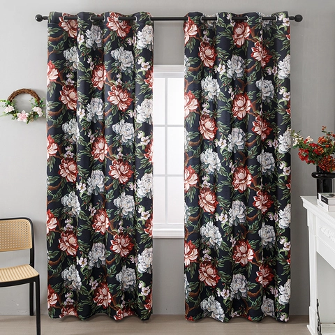 Amerikaanse Luxe Pioenroos Bloemenprint Verduisterende Gordijnen Voor Woonkamer Slaapkamer Ringophanging Polyester Vintage Decoratieve Panelen