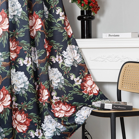 Amerikaanse Luxe Pioenroos Bloemenprint Verduisterende Gordijnen Voor Woonkamer Slaapkamer Ringophanging Polyester Vintage Decoratieve Panelen