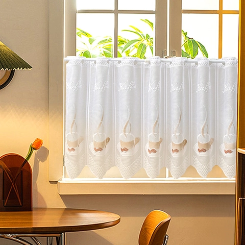 Nordic White Lace Cafe Curtain With Embroidered Coffee Cup Pattern Polyester Short Kitchen Window Curtain For Home Decoration