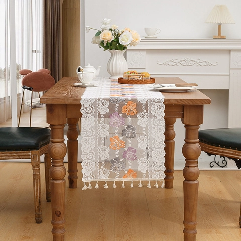 Vintage Chinese Classical Lace Table Runner With Rose Embroidery And Tassels For Dining Room Coffee Table Home Decoration