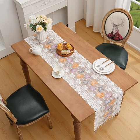 Vintage Chinese Classical Lace Table Runner With Rose Embroidery And Tassels For Dining Room Coffee Table Home Decoration