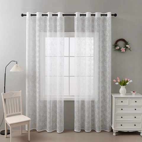 Modern White Lace Sheer Curtains Branch Pattern Grommet Top Semi Shading Window Drapes For Living Room Kitchen Home Decor