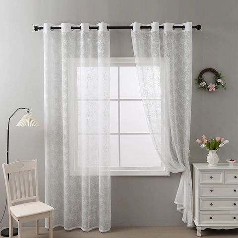 Modern White Lace Sheer Curtains Branch Pattern Grommet Top Semi Shading Window Drapes For Living Room Kitchen Home Decor