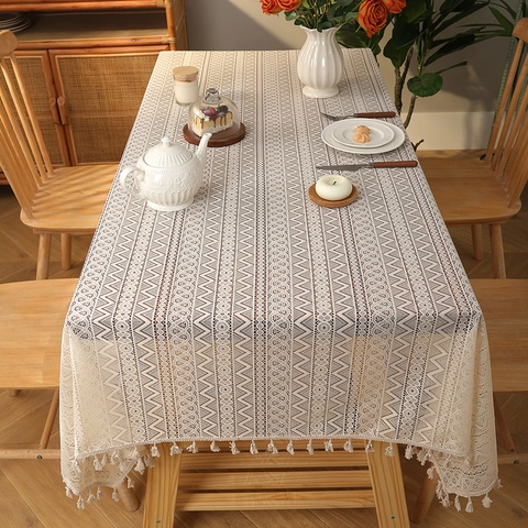 French Vintage Hollow Lace Tablecloth With Tassels Polyester Floral Pattern Rectangular Desk Cover For Dining Room Decoration