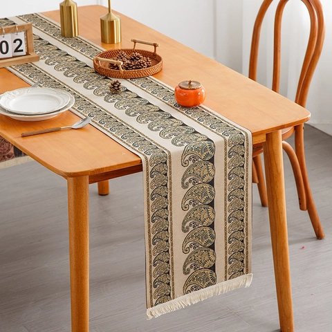 Chemin de Table Jacquard Cachemire Vintage Avec Glands Style Bohème Américain en Polyester Pour Décoration de Table