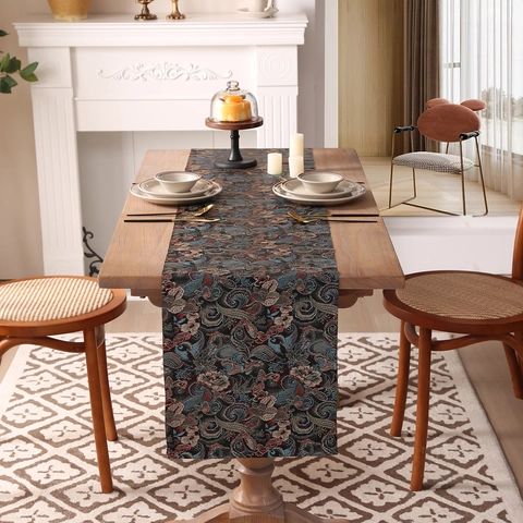 Chemin de Table Nouveau Style Chinois Vintage Jacquard Polyester Motif Fleurs Nuages Pour Décoration Maison