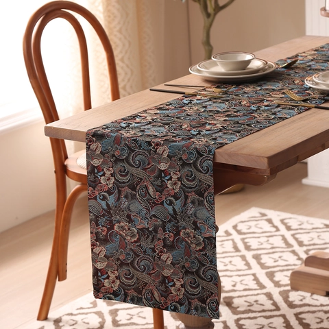 Chemin de Table Nouveau Style Chinois Vintage Jacquard Polyester Motif Fleurs Nuages Pour Décoration Maison