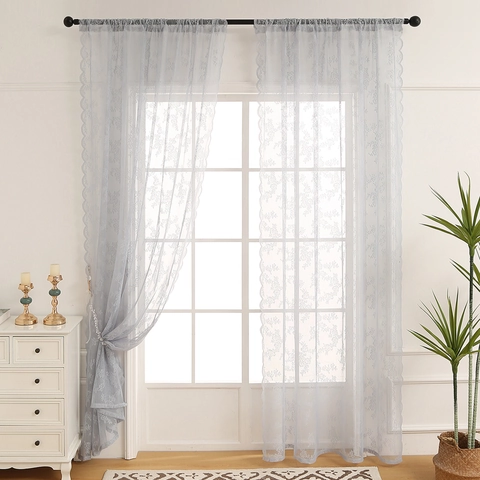 French Rose Lace Tulle Curtain Polyester Sheer Floral Scalloped Edge Voile Window Treatment For Living Room Bedroom Decor