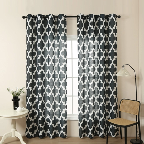 American Style Quatrefoil Geometric Pattern Grommet Curtains Semi Blackout Decorative Window Draperies For Living Room Bedroom Double Panels