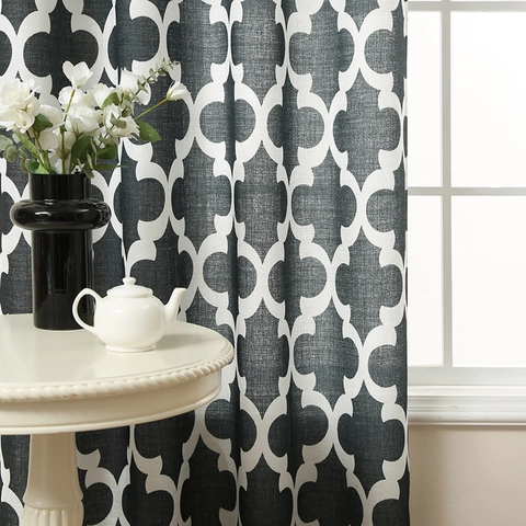 American Style Quatrefoil Geometric Pattern Grommet Curtains Semi Blackout Decorative Window Draperies For Living Room Bedroom Double Panels