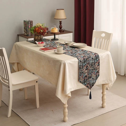 Vintage New Chinese Style Jacquard Table Runner With Tassels Polyester Floral Paisley Pattern Table Decor For Dining Room Home