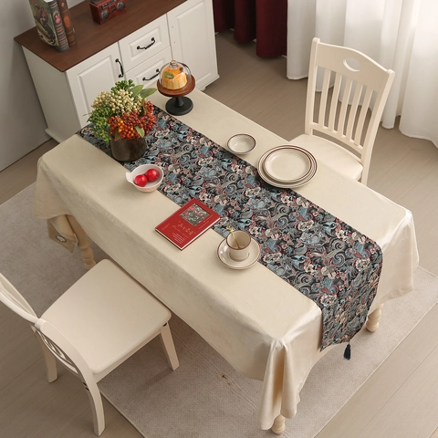 Vintage New Chinese Style Jacquard Table Runner With Tassels Polyester Floral Paisley Pattern Table Decor For Dining Room Home