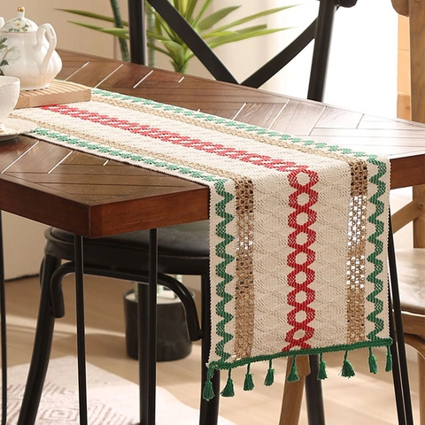 Boheemse Gestreept Tafelloper Met Kwastjes Geometrisch Golfpatroon Polyester Katoen Linnen Textuur Tafeldecoratie