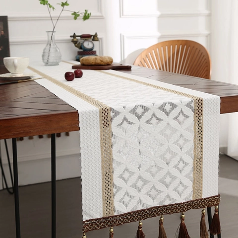 Modern Nordic Hollow Out Lace Table Runner Tassels Geometric Diamond Pattern Cream Polyester Woven Tablecloth Decor
