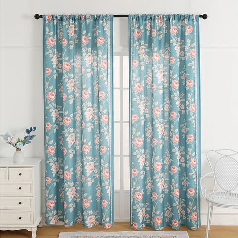 Polyester Printed Floral Curtains Semi-Blackout Botanical Rod Pocket Drape For Bedroom Living Room Modern Minimalist Home Decor