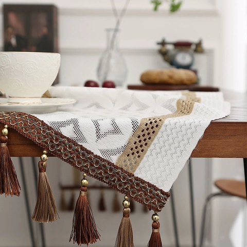 Modern Nordic Hollow Out Lace Table Runner Tassels Geometric Diamond Pattern Cream Polyester Woven Tablecloth Decor