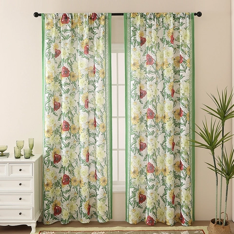 Pastoral Floral Printed Rod Pocket Curtains For Bedroom Living Room Modern Semi Blackout Polyester Window Treatment Panel