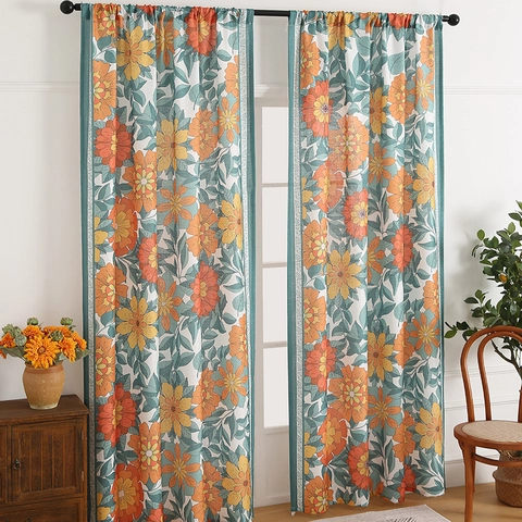 Modern Minimalistisch Bloemenprint Polyester Venstergordijnen Roede Pocket Vintage Boheems Zonnebloemen Madeliefjes Pioenrozen Voor Woonkamer