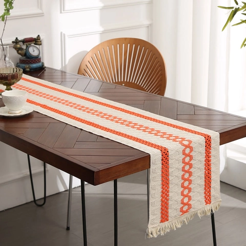 Camino de Mesa Bohemio de Algodón y Yute Moderno Minimalista Rayado Tejido Con Borlas para Comedor Hogar Boda Fiesta Decoración