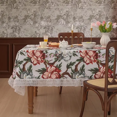 Tovaglia Vintage con Peonie Impermeabile in Poliestere Rettangolare Copertura Tavolo con Bordo in Pizzo per Tavola da Pranzo Decor