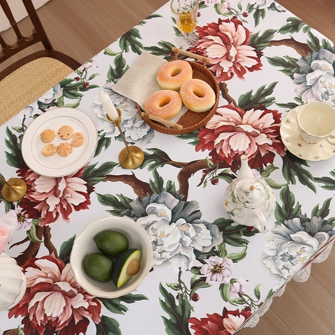 Tovaglia Vintage con Peonie Impermeabile in Poliestere Rettangolare Copertura Tavolo con Bordo in Pizzo per Tavola da Pranzo Decor