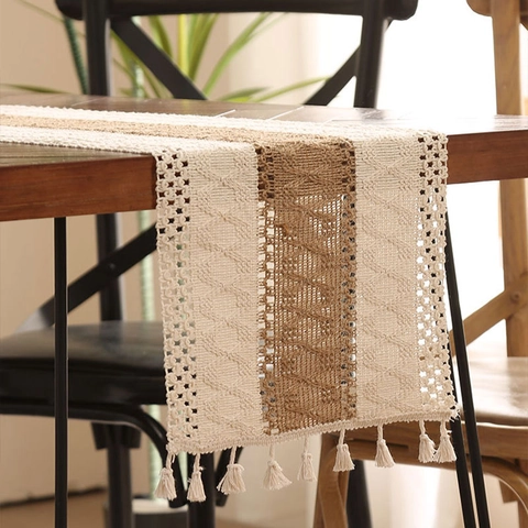 Bohemian Jute Cotton Woven Table Runner With Tassels American Rustic Hollow Out Hand Knotted Dining Room Table Decor