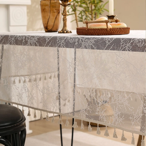 Elegant Polyester Kant Tafelkleed Met Kwastjes Takkenpatroon Rechthoekig Tafelkleed Voor Eetkamer Feest Huisdecoratie