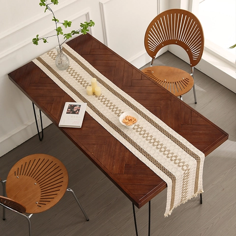 Amerikanischer Vintage Bohemian Baumwolle Leinen Tischläufer Mit Quasten Gewebtes Geometrisches Streifenmuster Dekorative Tischdecke Für Esszimmer Küche