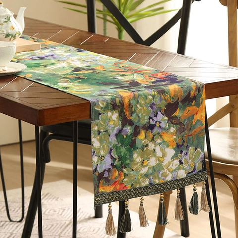 American Vintage Oil Painting Floral Table Runner Polyester Tablecloth With Tassels For Dining Table Home Party Decoration
