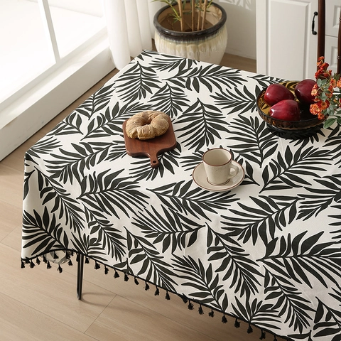 Mantel Rectangular de Estilo Nórdico Mezcla de Algodón y Lino Estampado de Hojas de Palma Cubierta de Mesa Con Borlas Cocina