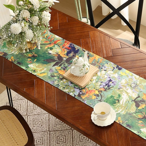 American Vintage Oil Painting Floral Table Runner Polyester Tablecloth With Tassels For Dining Table Home Party Decoration