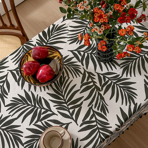 Mantel Rectangular de Estilo Nórdico Mezcla de Algodón y Lino Estampado de Hojas de Palma Cubierta de Mesa Con Borlas Cocina