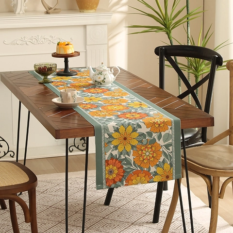 Wasserdichter Polyester Tischläufer Vintage Blumenmuster Verdickt Leichter Luxus Dekorative Küche Esstisch Läufer