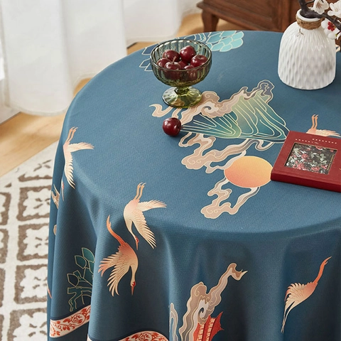 Amerikaanse Retro Waterdicht Tafelkleed Dikke Linnen Look Tafelkleed Voor Ronde Eettafel Kraanvogel Bloemen Decoratie