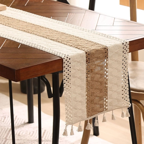 Bohemian Woven Table Runner With Tassels Polyester Geometric Hollow Out Table Runner For Dining Room Home Decoration