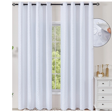 Waterproof White Polyester Window Curtains Geometric Rhombus Jacquard Grommet Sheer Panels For Living Room Outdoor Patio Decor