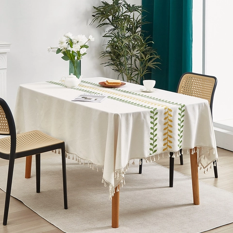 Nordic Fresh Embroidered Leaf Cotton Linen Tablecloth With Tassels Rectangular Decorative Dining Table Cover Home Decor
