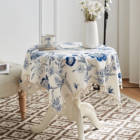 Vintage Blue Floral Tassel Tablecloth Polyester Cotton Blend Rectangular Table Cover For Living Room Home Decoration