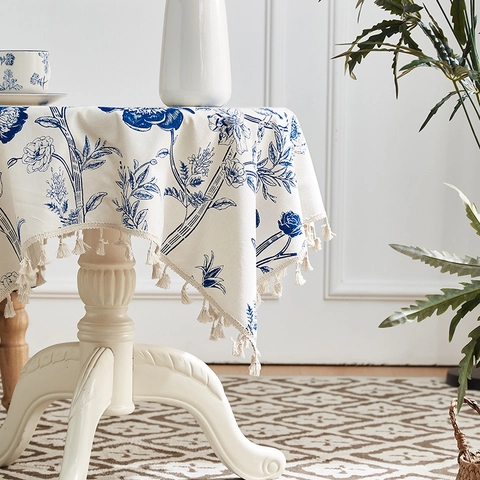 Vintage Blue Floral Tassel Tablecloth Polyester Cotton Blend Rectangular Table Cover For Living Room Home Decoration