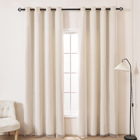 Cortinas Opacas de Doble Capa con Estrellas Caladas y Tul de Encaje Ollaos Aislamiento Térmico para Dormitorio Sala de Estar