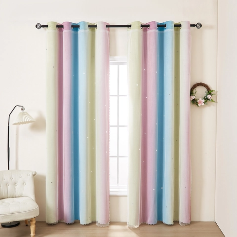 Cortinas Opacas de Doble Capa con Estrellas Caladas y Tul de Encaje Ollaos Aislamiento Térmico para Dormitorio Sala de Estar
