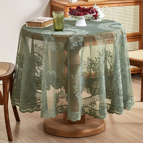 Vintage Spitze Volant Tischdecke Salbeigrün Blumen Mesh Rund Quadratisch Tischbezug Für Esszimmer Couchtisch Dekoration