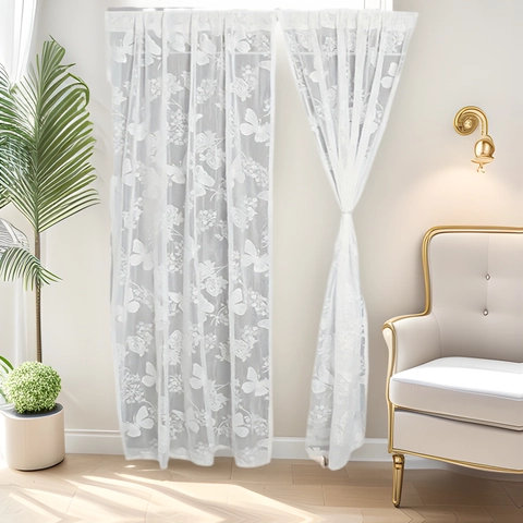 Rideau de Porte en Dentelle Blanche Style Français Motif Floral Papillon Polyester Cloison Semi-Transparente pour Chambre