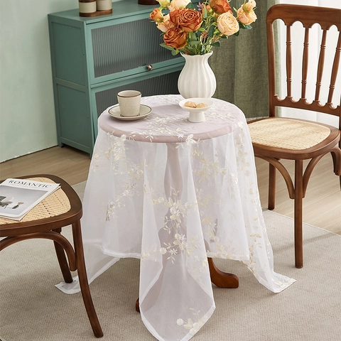 Nappe en Dentelle Blanche Vintage Français Avec Broderie Florale Jaune Housse de Table Rectangulaire en Tulle Décor