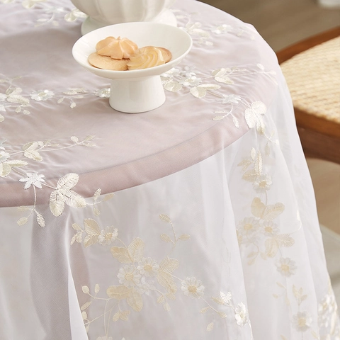 Nappe en Dentelle Blanche Vintage Français Avec Broderie Florale Jaune Housse de Table Rectangulaire en Tulle Décor