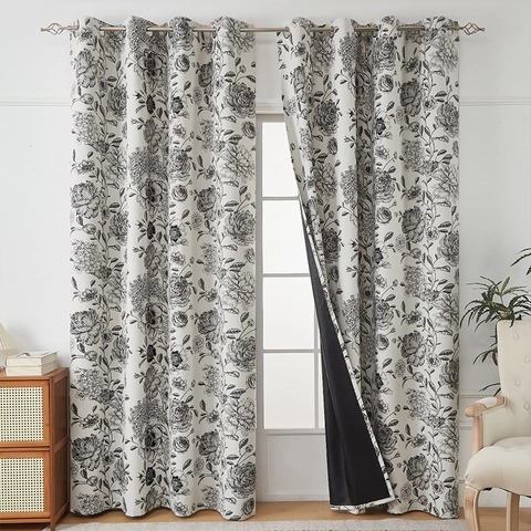 Vintage Blackout Curtains High Density Polyester Composite Grommet Top Printed Floral Pattern American Country Style Bedroom Living Room Curtains